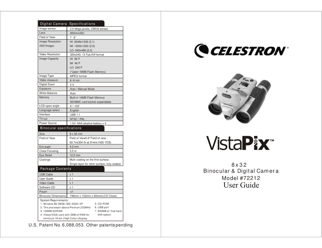 Celestron specifications 8x32 Binocular & Digital Camera Model #72212 