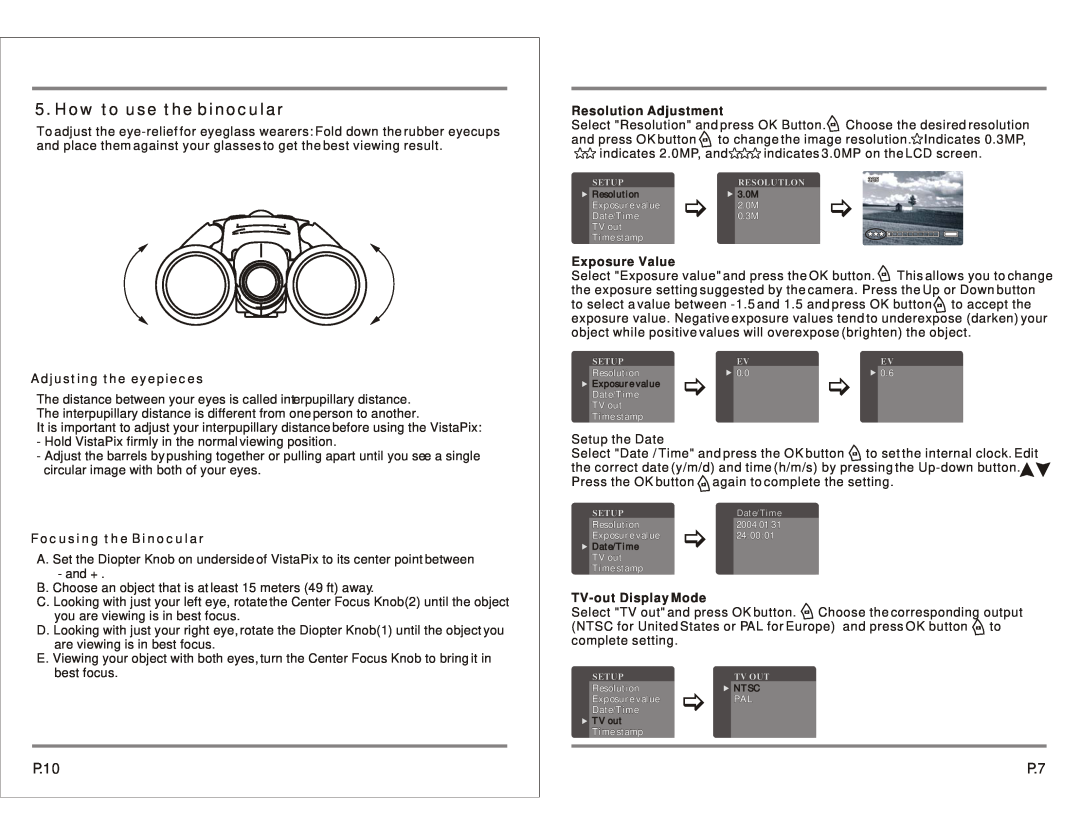 Celestron 72212 How to use the binocular, P.10, Adjusting the eyepieces, Focusing the Binocular, Resolution Adjustment 