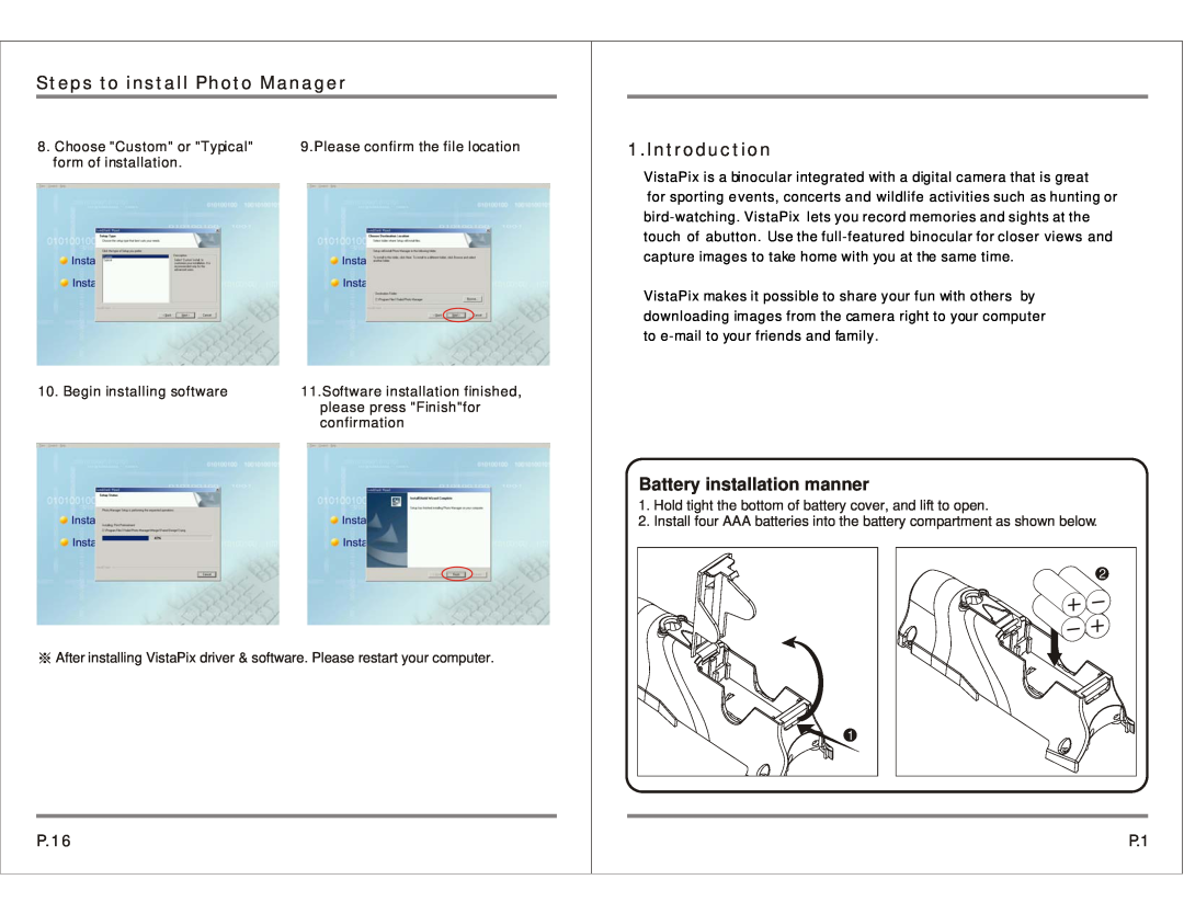 Celestron 72212 specifications Steps to install Photo Manager, Introduction, Battery installation manner, P.16 