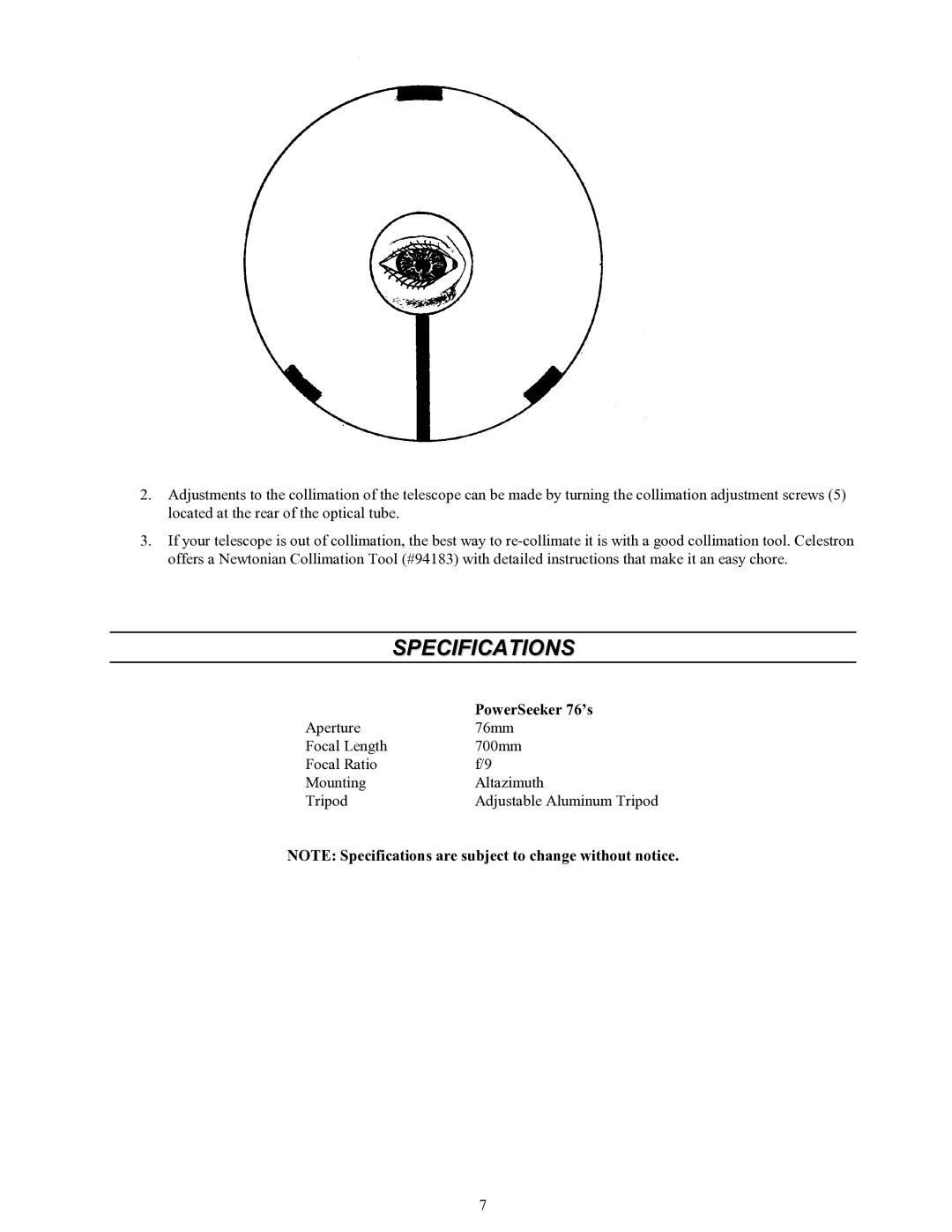 Celestron 76 manual Specifications 