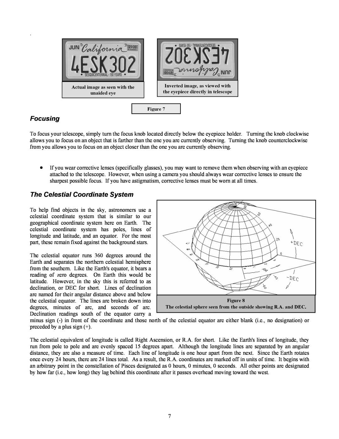 Celestron 80 manual Focusing, The Celestial Coordinate System 