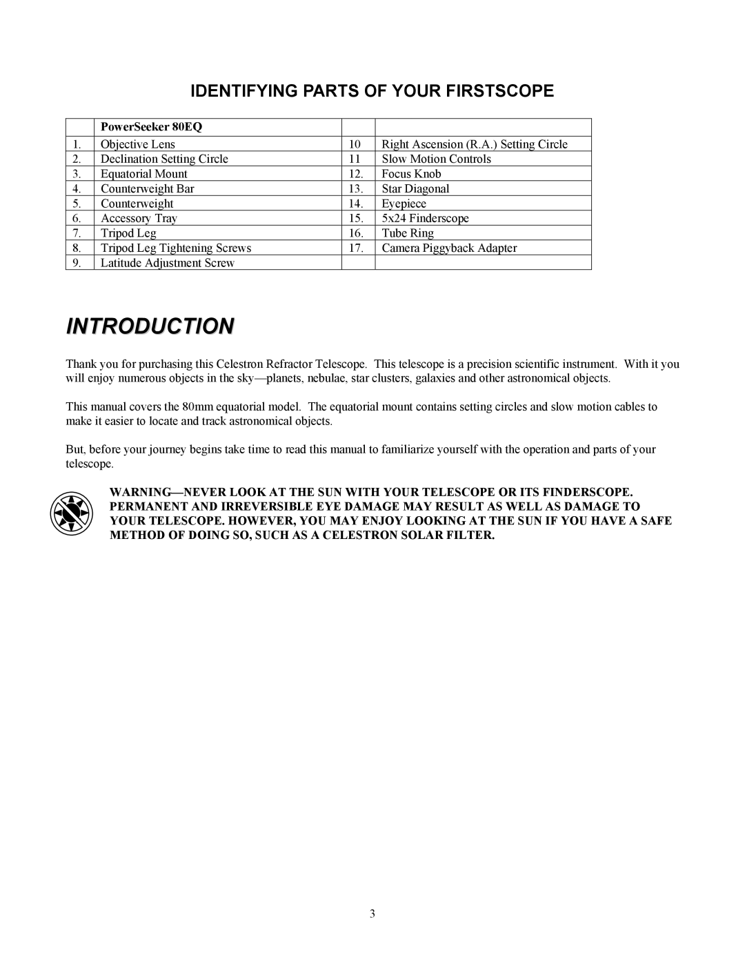 Celestron manual Identifying Parts of Your Firstscope, PowerSeeker 80EQ 