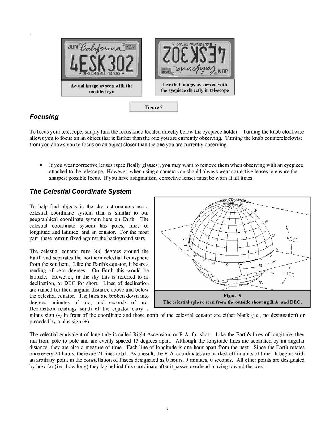 Celestron 80 manual Focusing, Celestial Coordinate System 