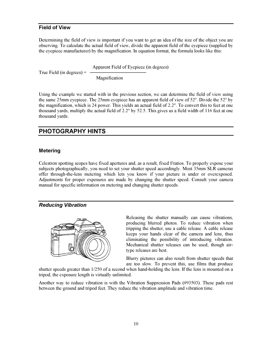 Celestron 80ED manual Photography Hints, Field of View, Metering, Reducing Vibration 