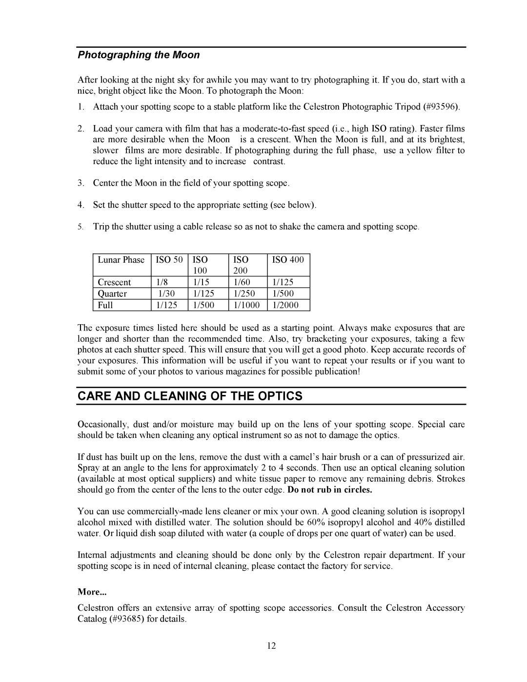 Celestron 80ED manual Care and Cleaning of the Optics, Photographing the Moon, More 