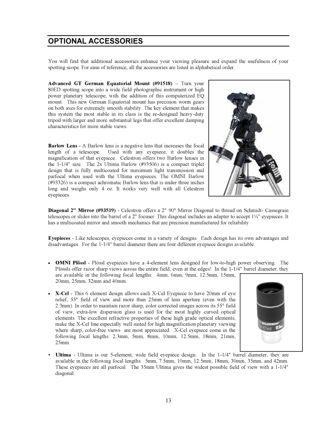 Celestron 80ED manual Optional Accessories 