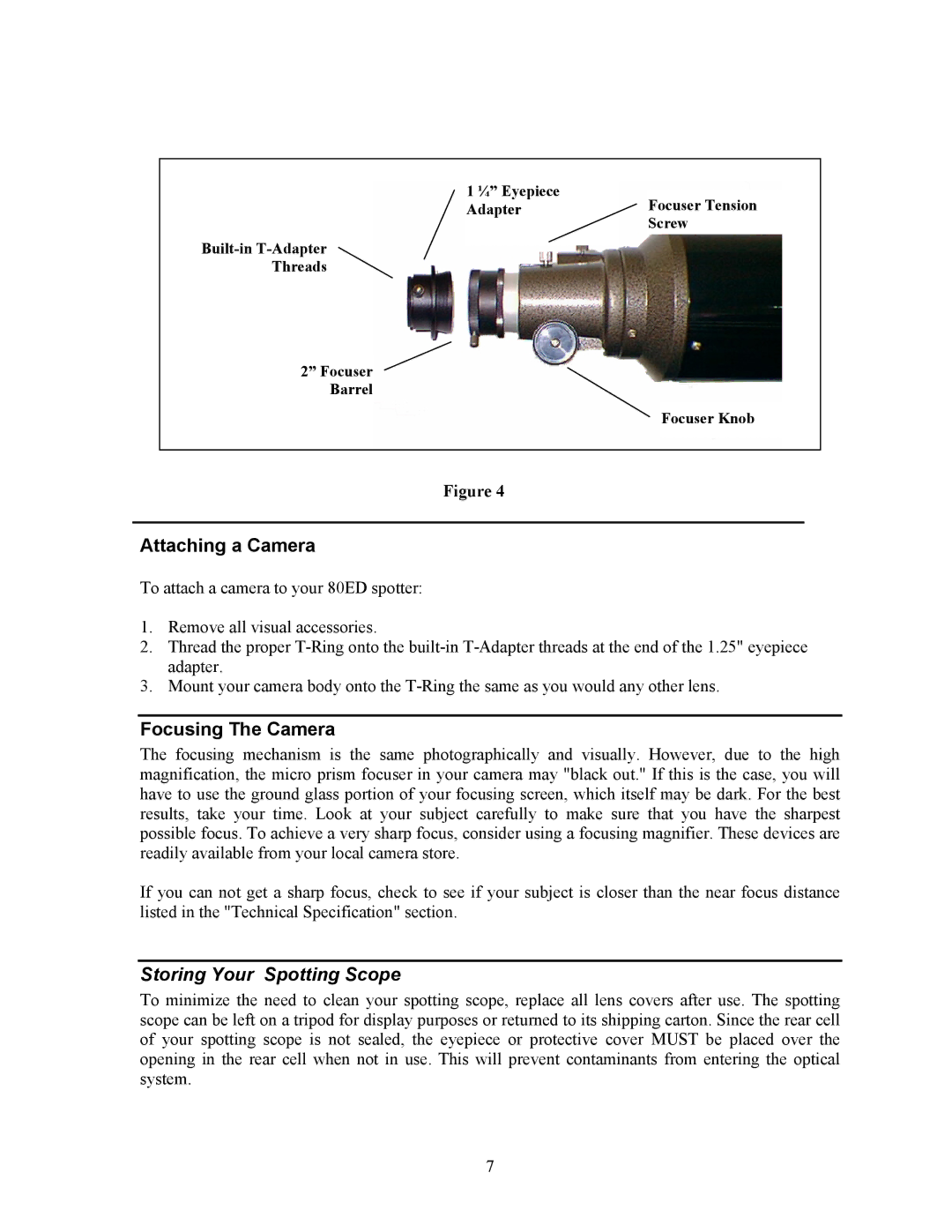 Celestron 80ED manual Attaching a Camera, Focusing The Camera, Storing Your Spotting Scope 