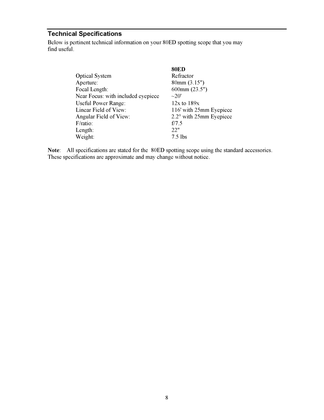 Celestron 80ED manual Technical Specifications 