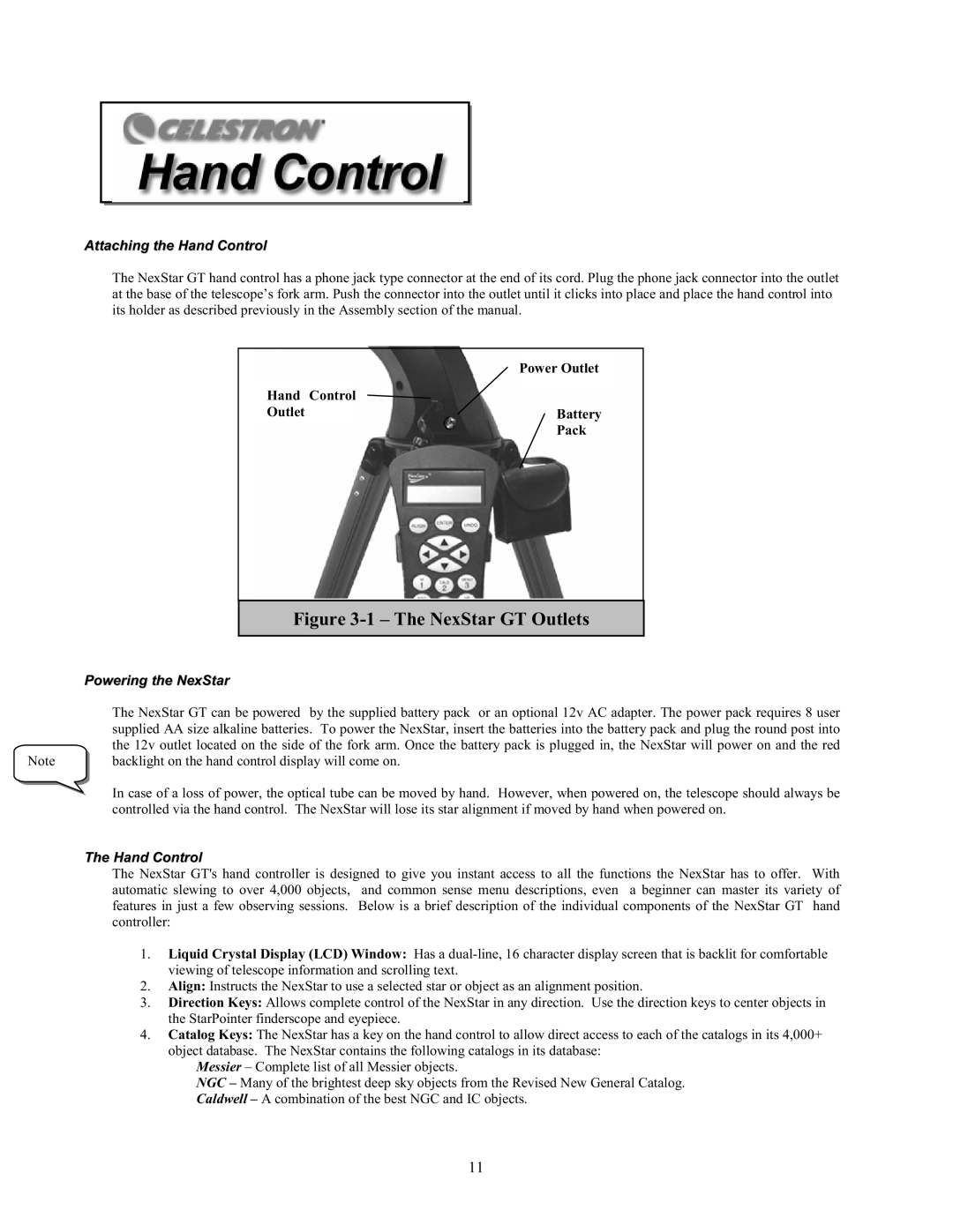 Celestron 80GTL manual Attaching the Hand Control, Outlet Battery Pack, Powering the NexStar 