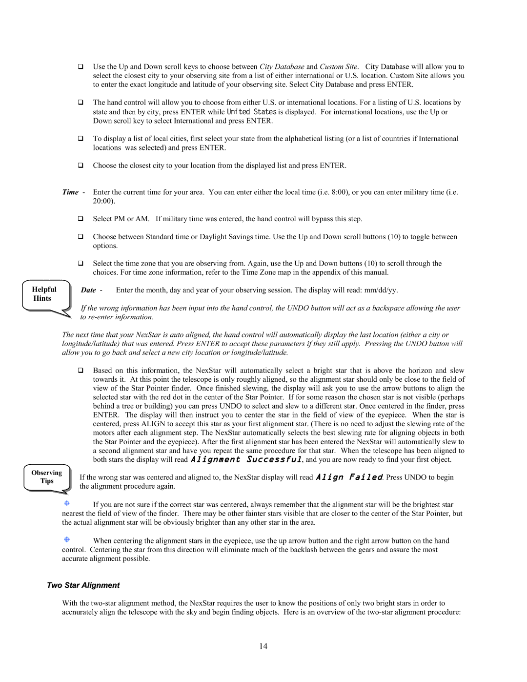 Celestron 80GTL manual Helpful, Hints, Two Star Alignment 