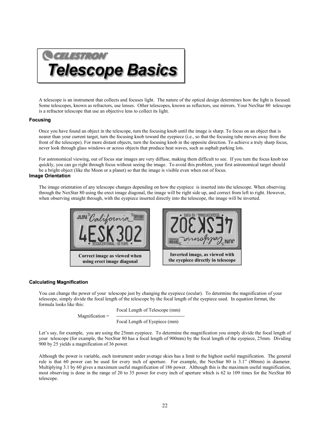 Celestron 80GTL manual Focusing, Correct image as viewed when Using erect image diagonal 