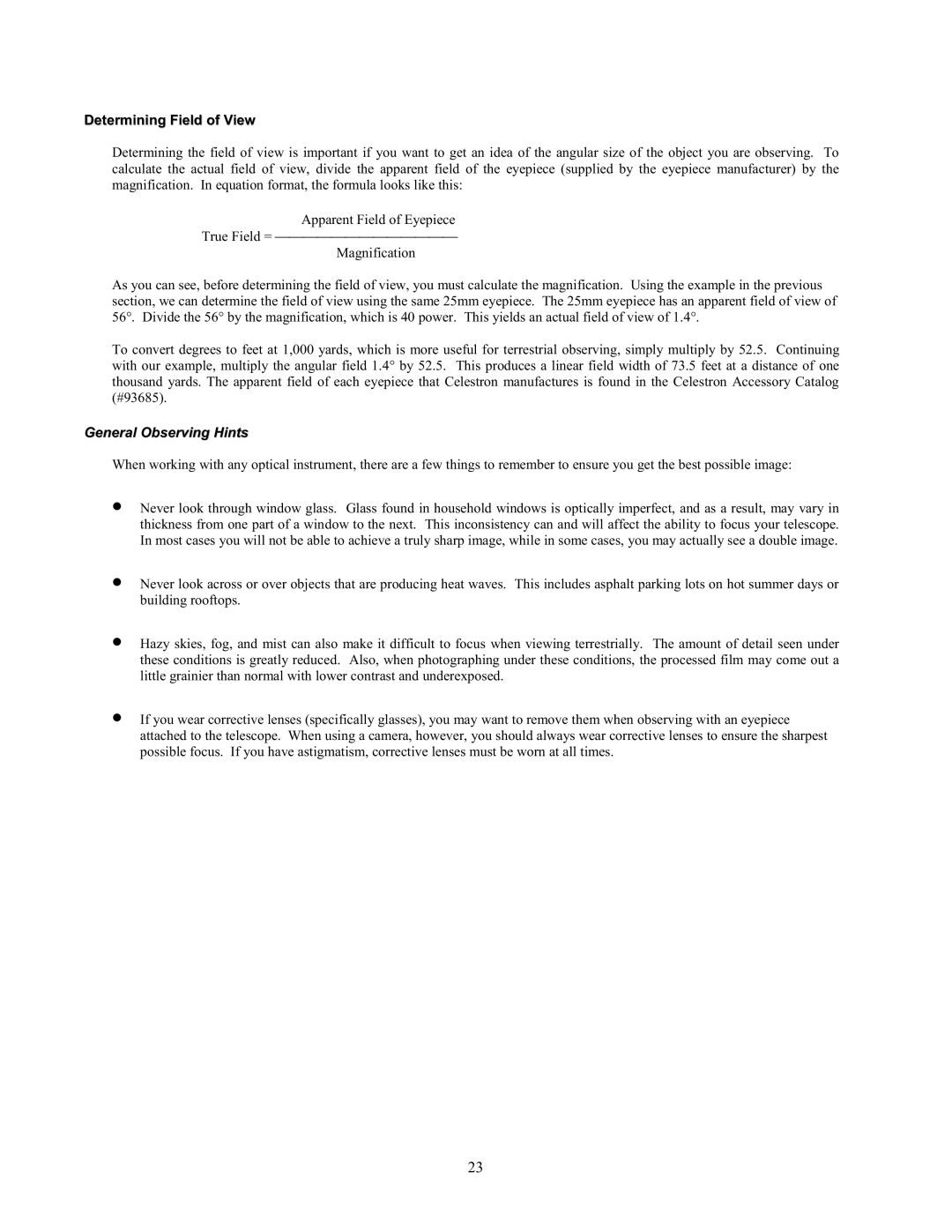 Celestron 80GTL manual Determining Field of View, General Observing Hints 