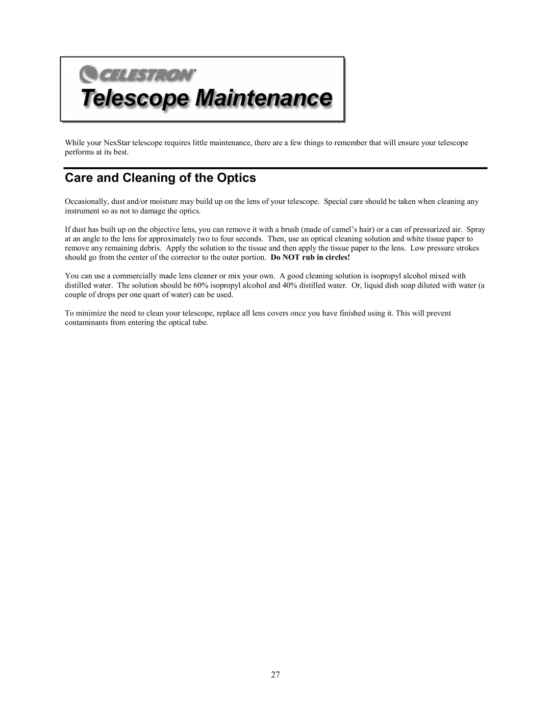 Celestron 80GTL manual Care and Cleaning of the Optics 