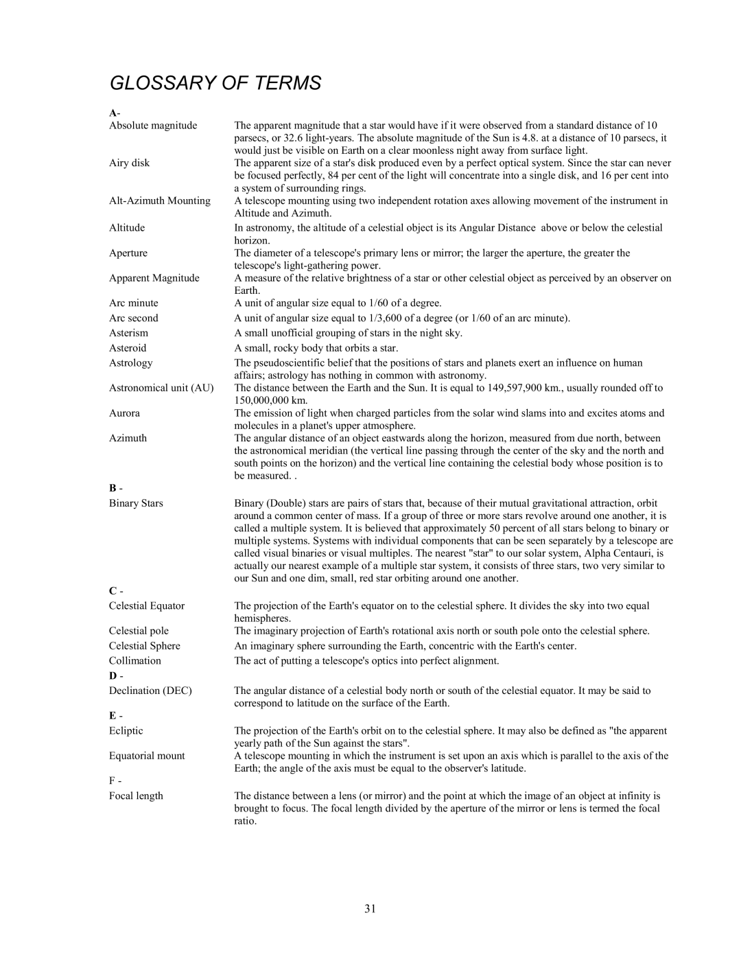 Celestron 80GTL manual Glossary of Terms 