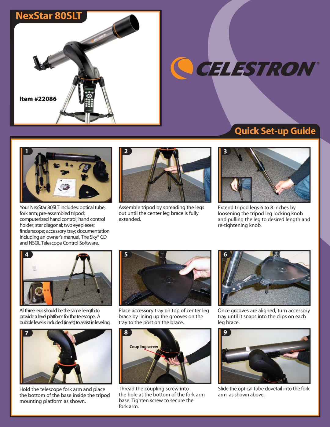 Celestron setup guide NexStar 80SLT, Quick Set-up Guide 