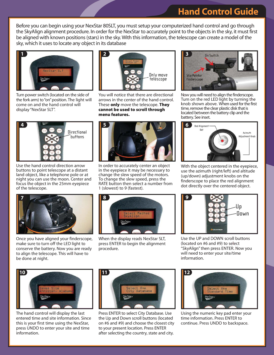 Celestron 80SLT setup guide Hand Control Guide, Menu features 