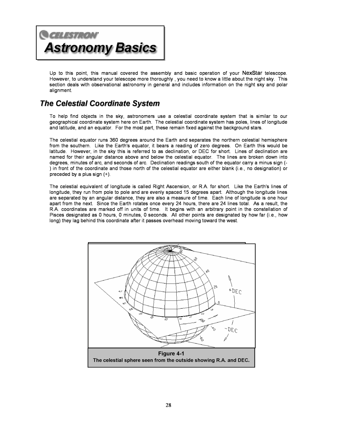 Celestron 8i manual The Celestial Coordinate System, The celestial sphere seen from the outside showing R.A. and DEC 