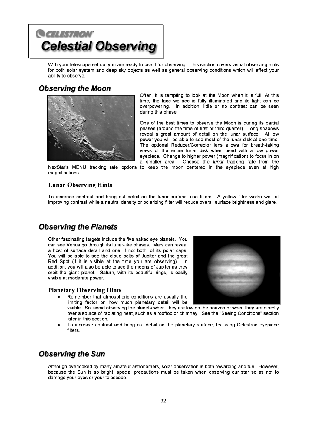 Celestron 8i manual Observing the Moon, Observing the Planets, Observing the Sun, Lunar Observing Hints 