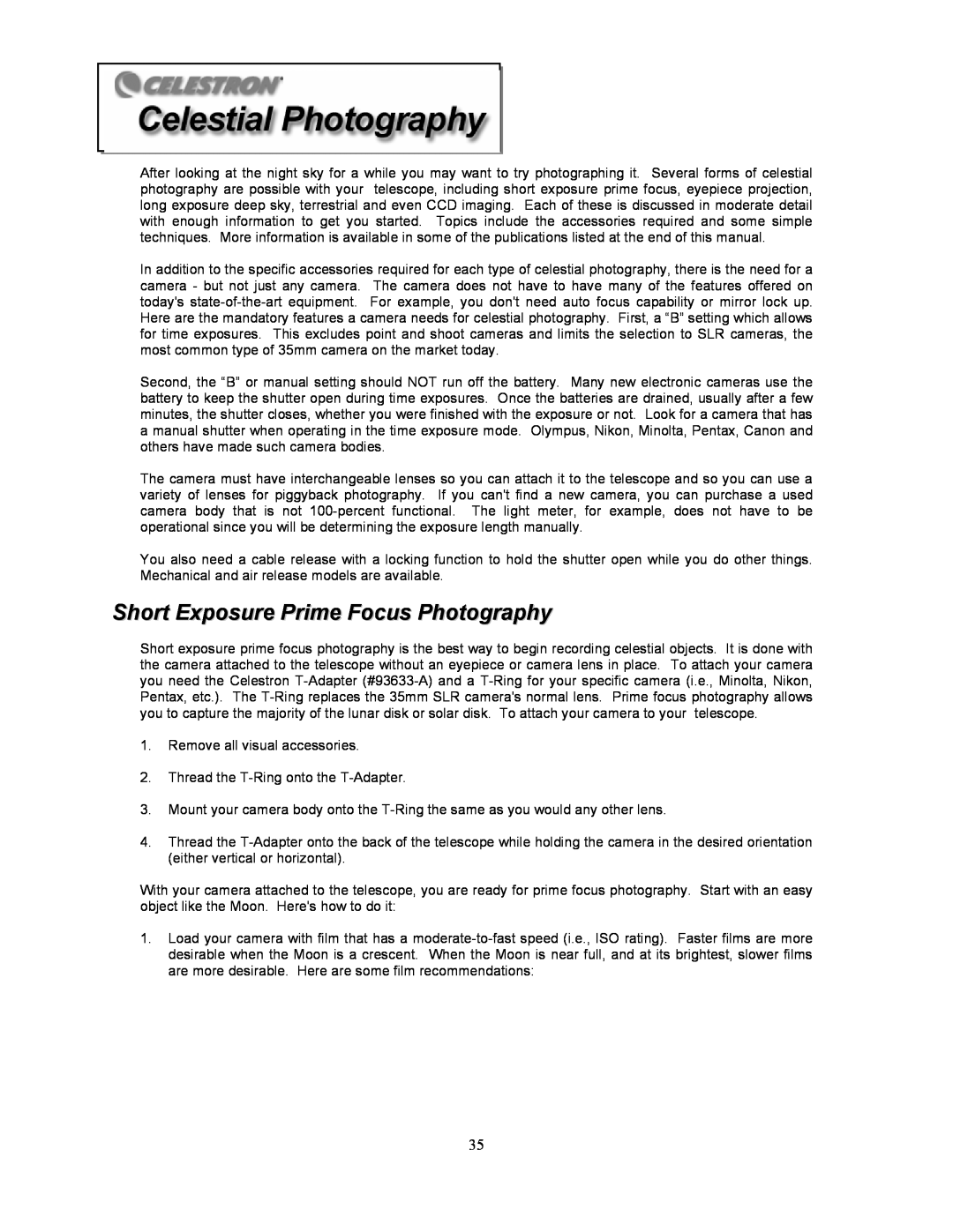 Celestron 8i manual Short Exposure Prime Focus Photography 