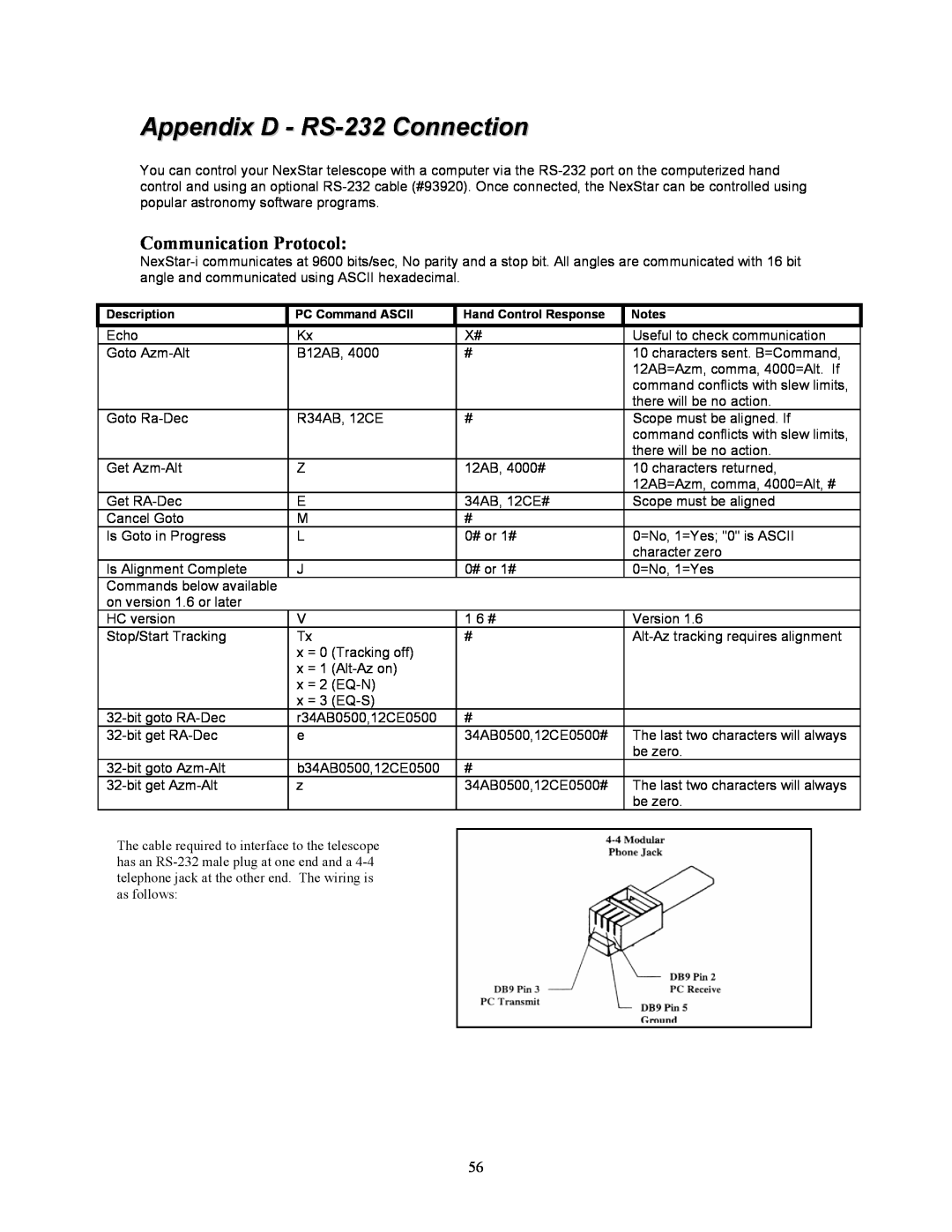 Celestron 8i manual Appendix D - RS-232 Connection, Communication Protocol 