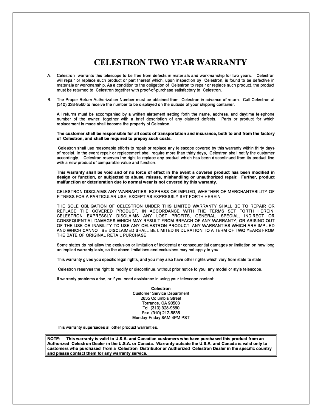 Celestron 8i manual Celestron Two Year Warranty 