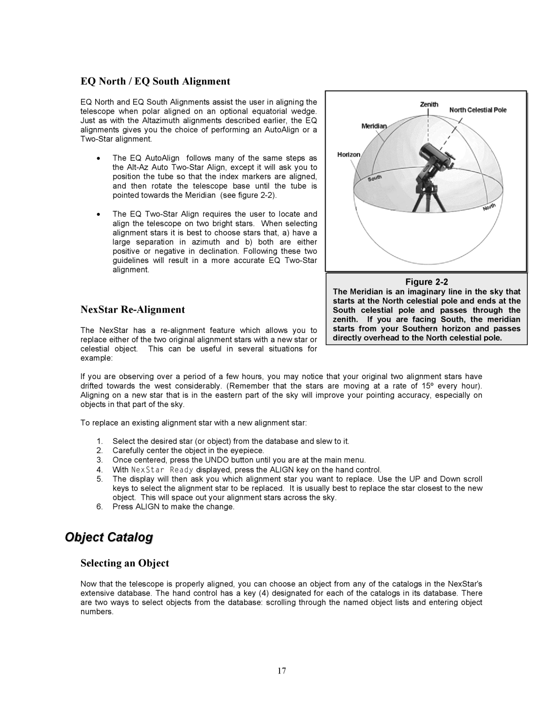 Celestron 8i manual Object Catalog, EQ North / EQ South Alignment, NexStar Re-Alignment, Selecting an Object 