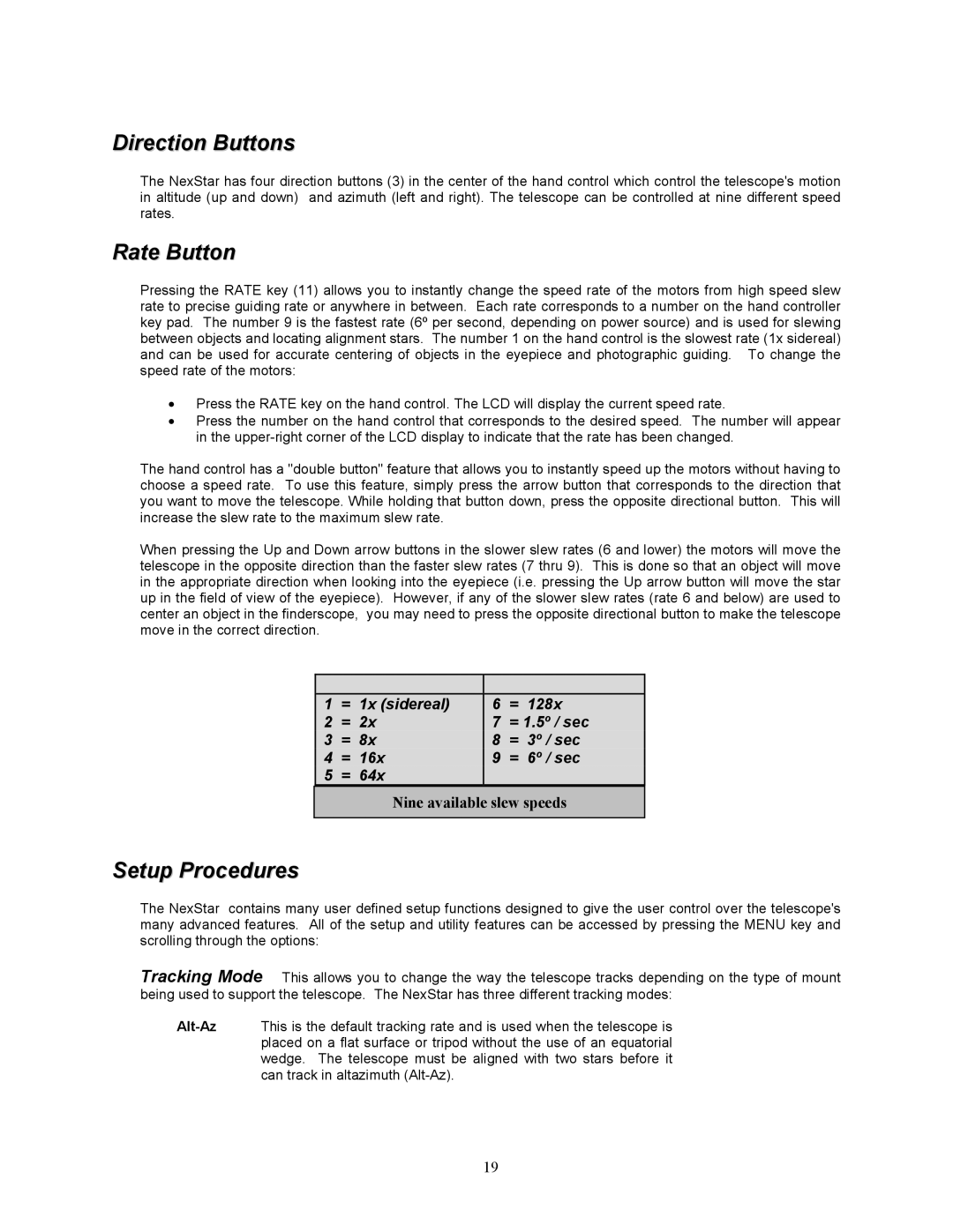 Celestron 8i manual Direction Buttons, Rate Button, Setup Procedures 