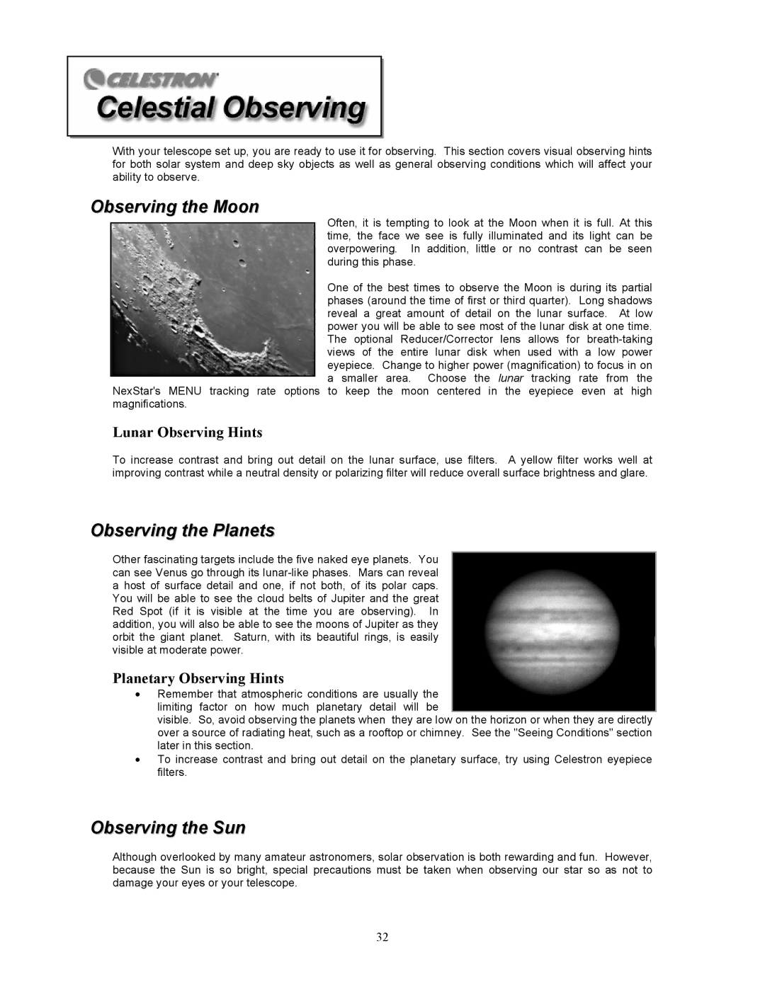 Celestron 8i manual Observing the Moon, Observing the Planets, Observing the Sun, Lunar Observing Hints 