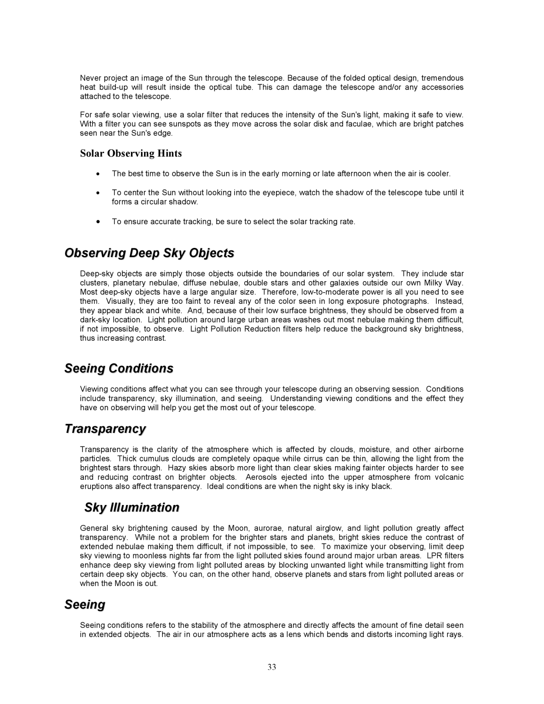 Celestron 8i manual Observing Deep Sky Objects, Seeing Conditions, Transparency, Sky Illumination 