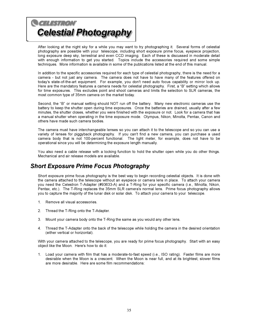 Celestron 8i manual Short Exposure Prime Focus Photography 