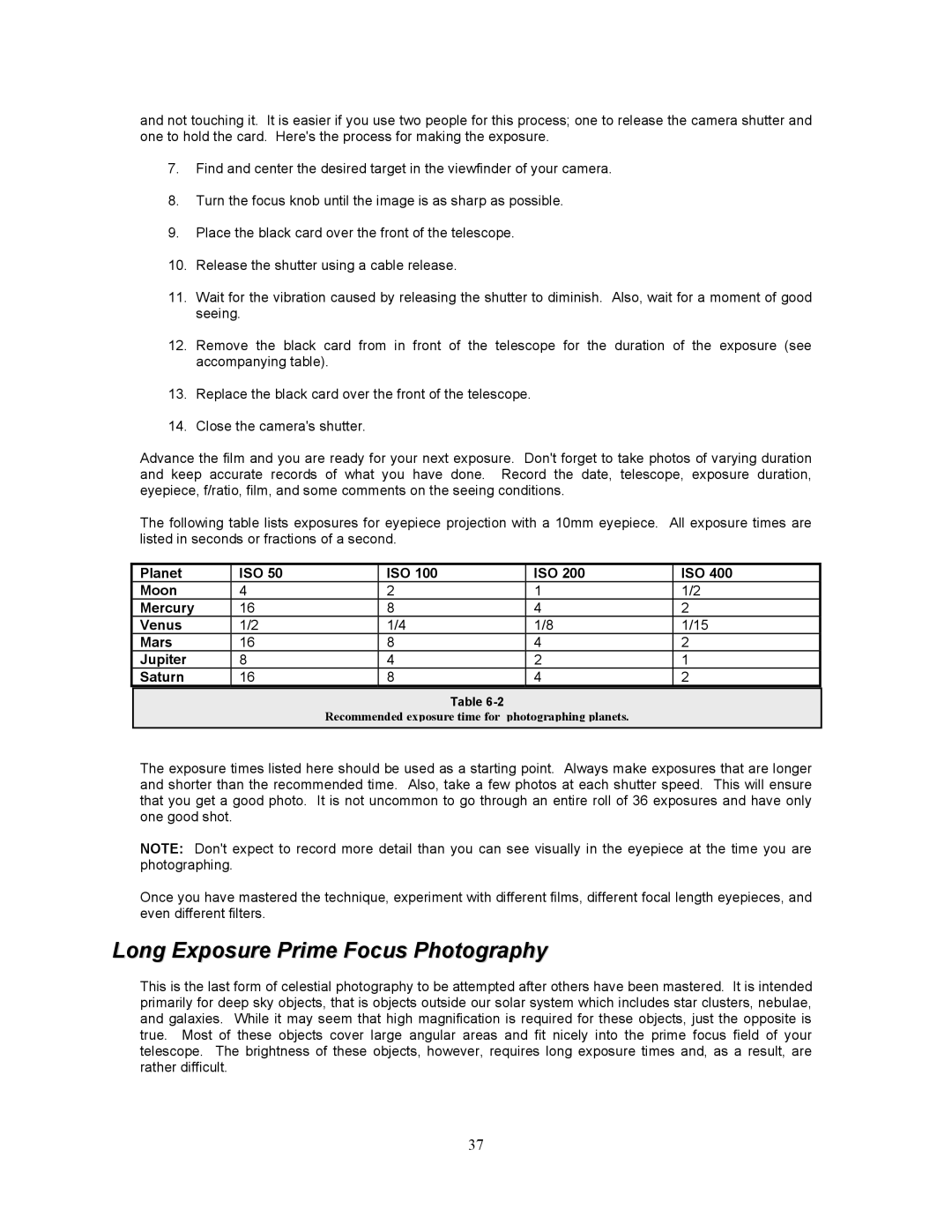 Celestron 8i manual Long Exposure Prime Focus Photography, Planet ISO Moon Mercury Venus Mars Jupiter Saturn 