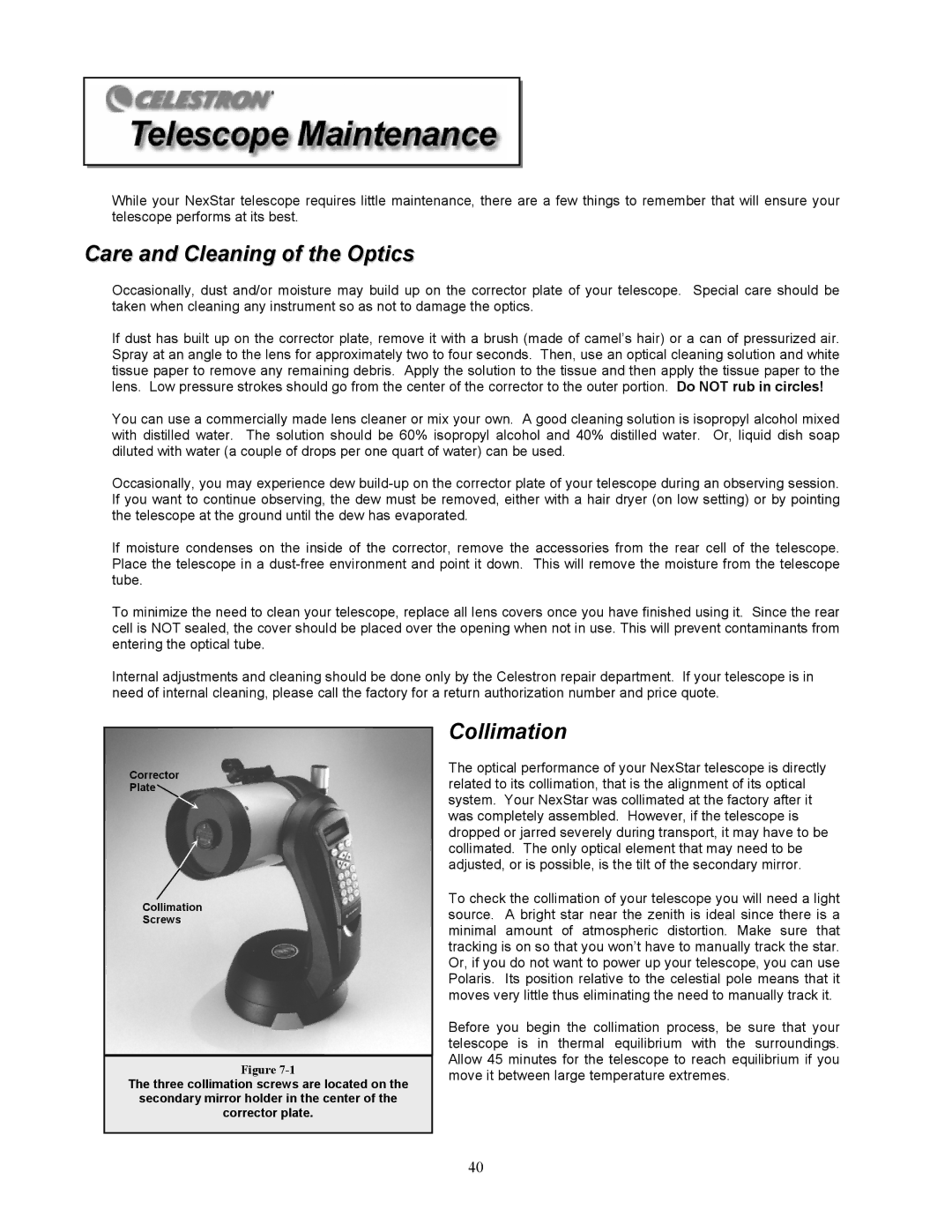 Celestron 8i manual Care and Cleaning of the Optics, Collimation 