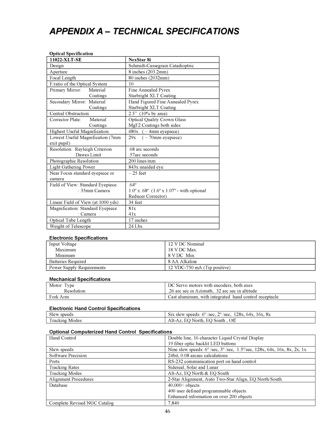 Celestron 8i manual Appendix a Technical Specifications 