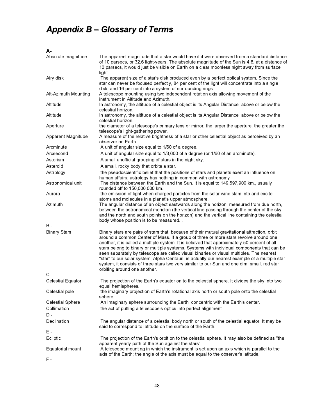 Celestron 8i manual Appendix B Glossary of Terms 