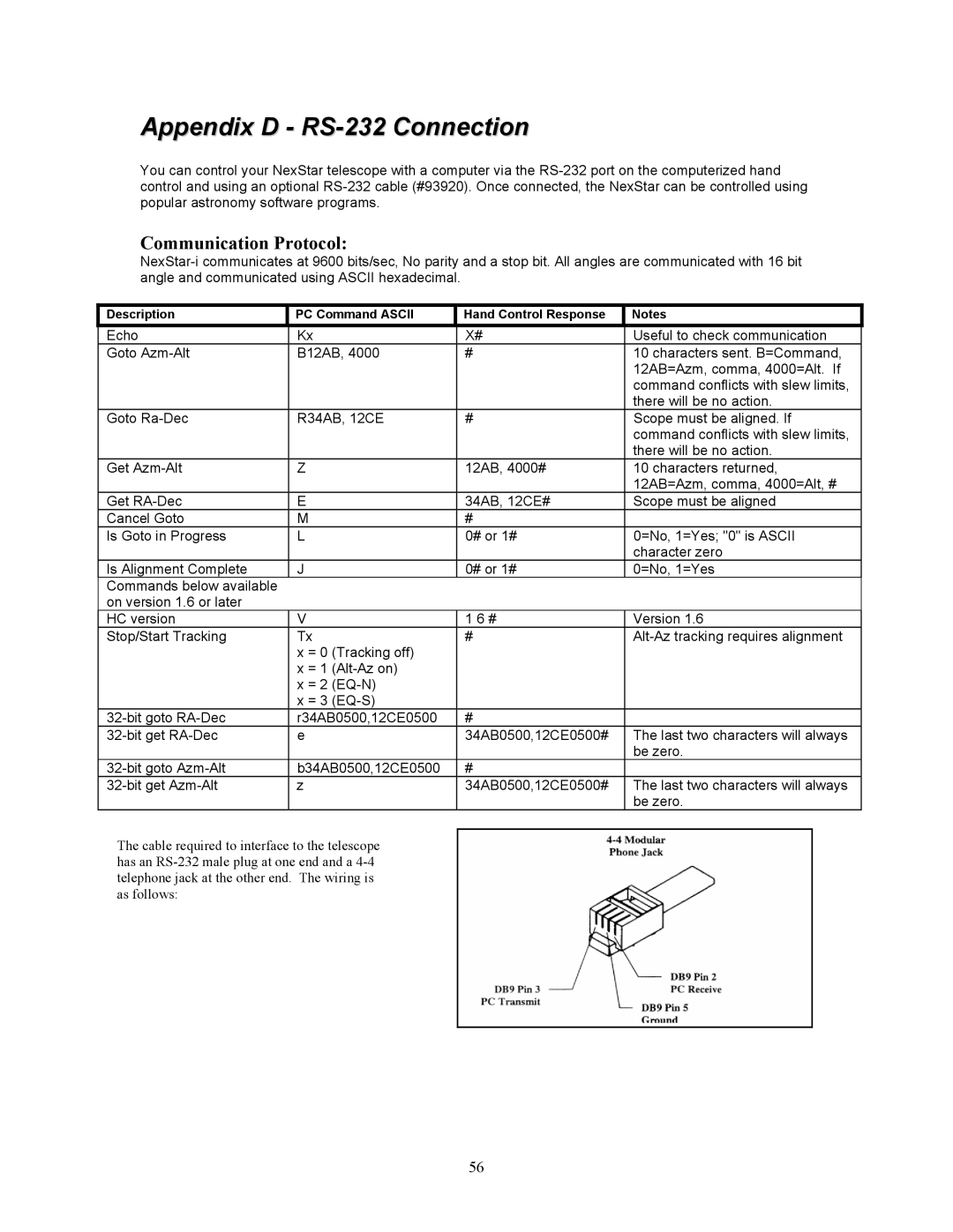 Celestron 8i manual Appendix D RS-232 Connection, Communication Protocol 