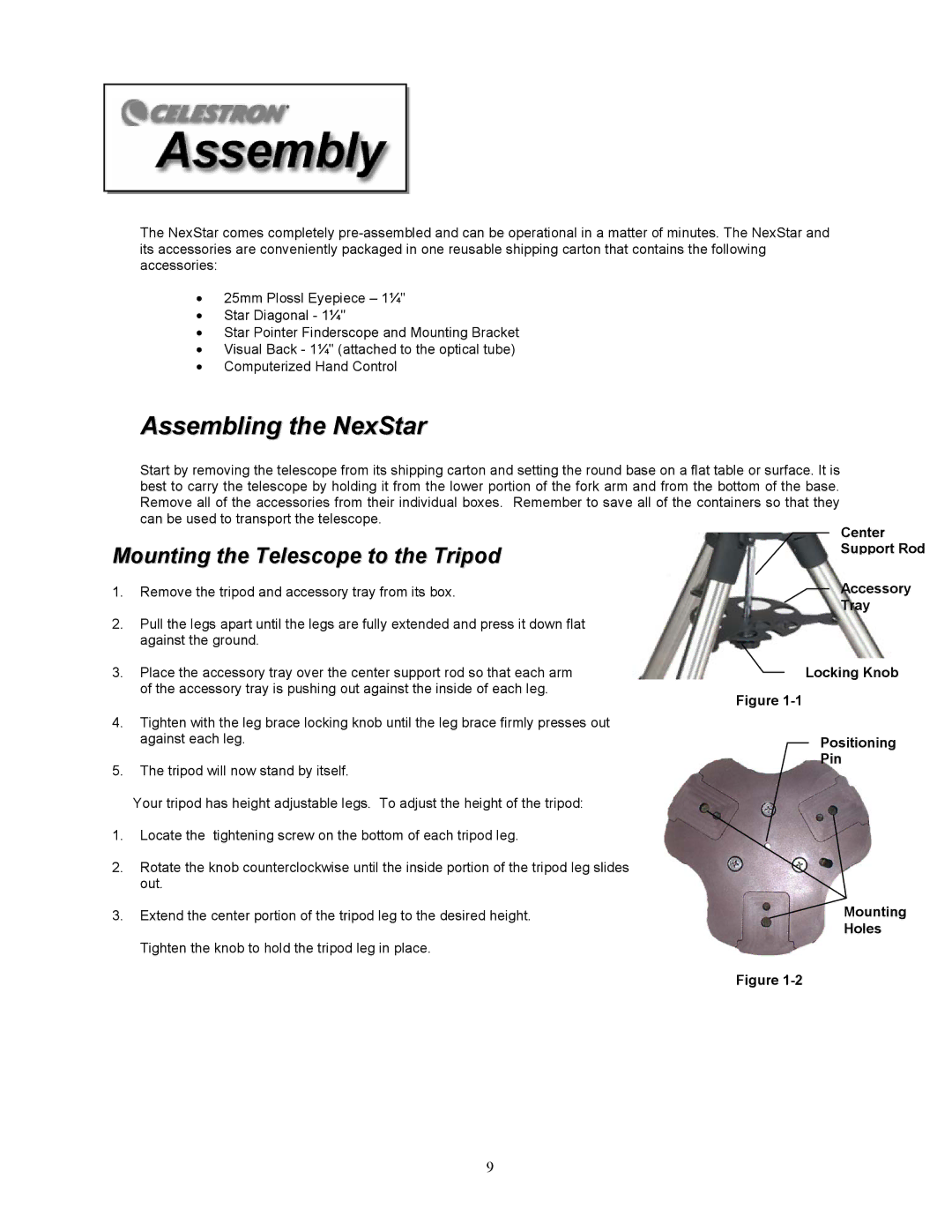 Celestron 8i manual Assembling the NexStar, Mounting the Telescope to the Tripod 