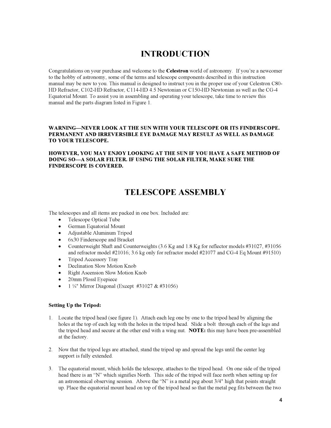 Celestron 91510 instruction manual Introduction, Setting Up the Tripod 