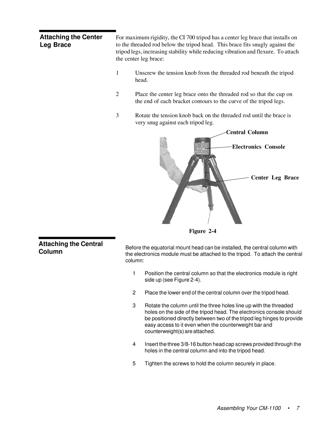 Celestron 11065, 91525, 11055 instruction manual Attaching the Center Leg Brace Attaching the Central Column 