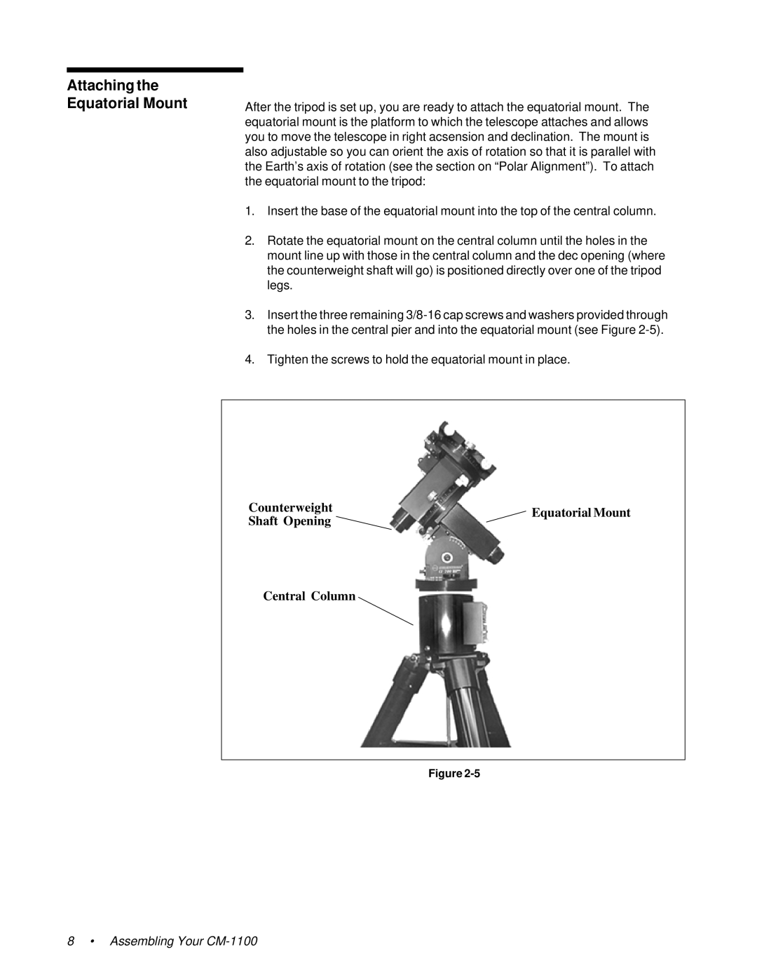 Celestron 91525, 11055, 11065 instruction manual Attaching the Equatorial Mount 