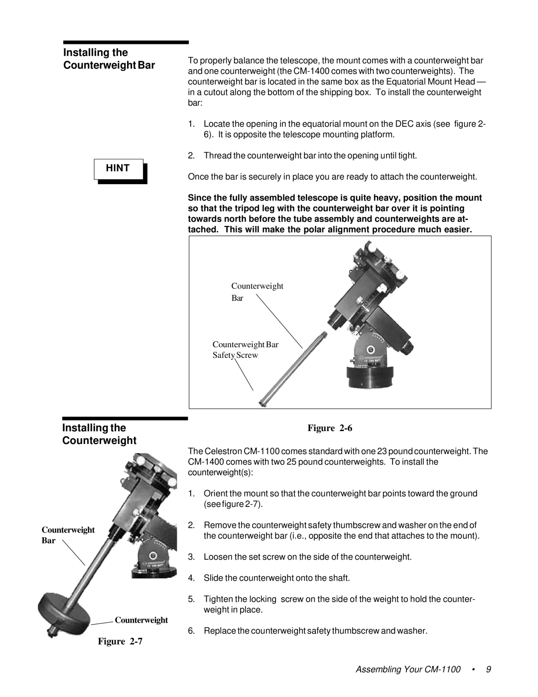 Celestron 11055, 91525, 11065 instruction manual Installing Counterweight Bar 