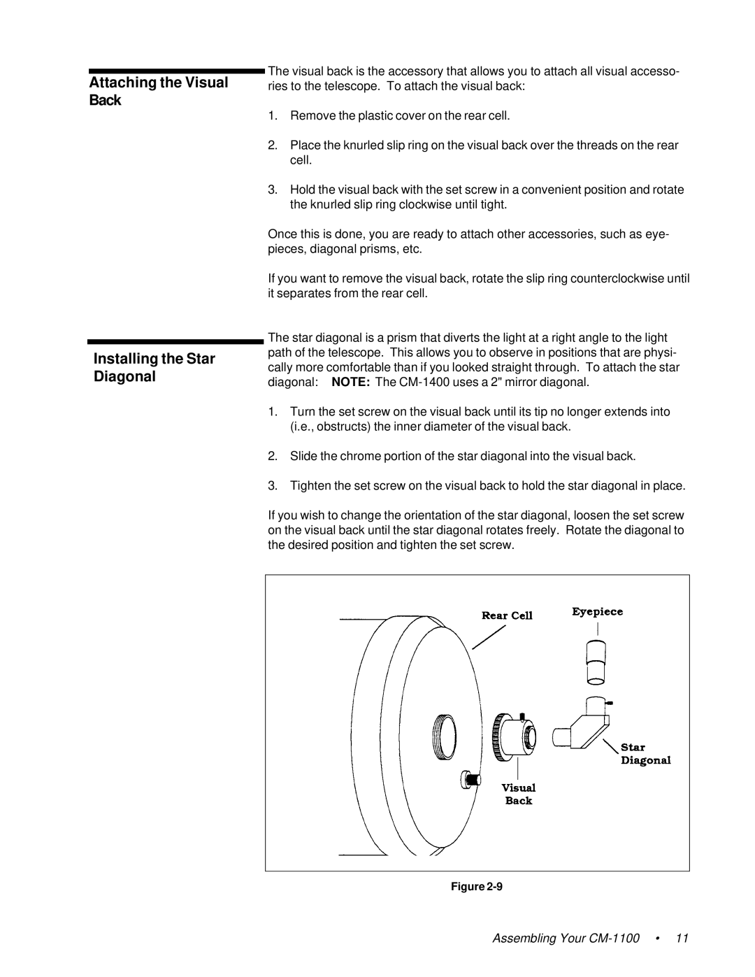 Celestron 91525, 11055, 11065 instruction manual Attaching the Visual Back Installing the Star Diagonal 