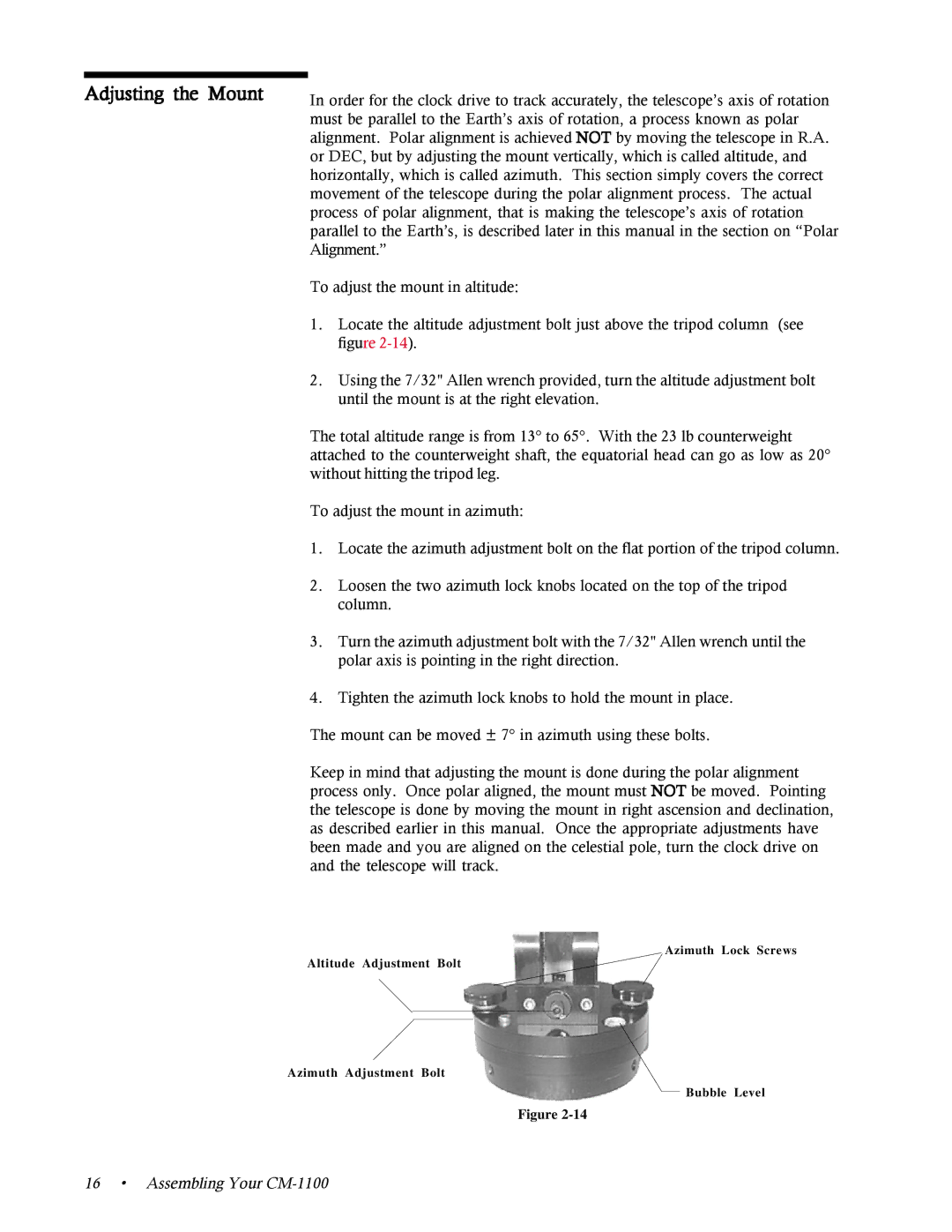 Celestron 11065, 91525, 11055 instruction manual Adjusting the Mount 