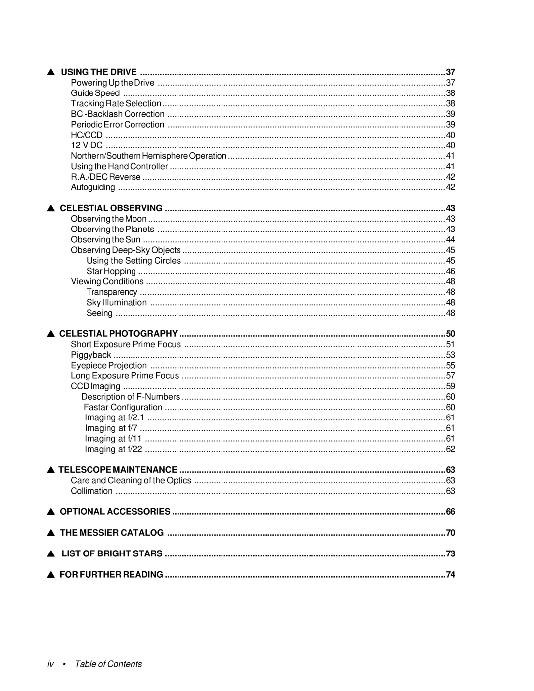 Celestron 11055, 91525, 11065 instruction manual Iv Table of Contents 