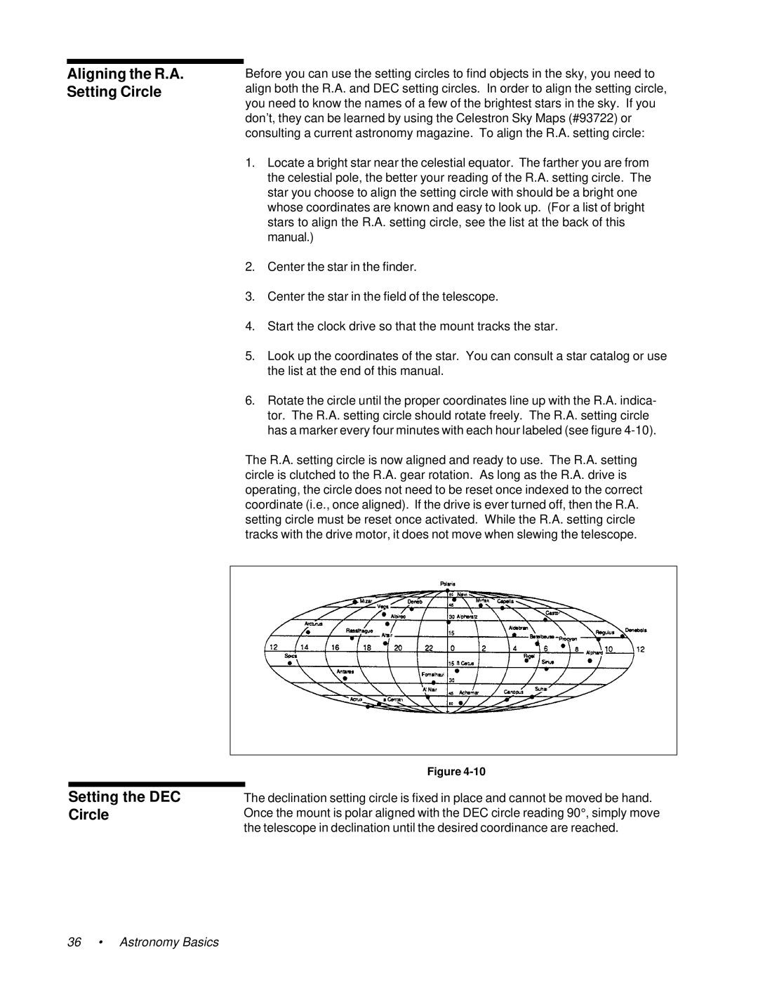 Celestron 11055, 91525, 11065 instruction manual Aligning the R.A. Setting Circle Setting the DEC Circle 