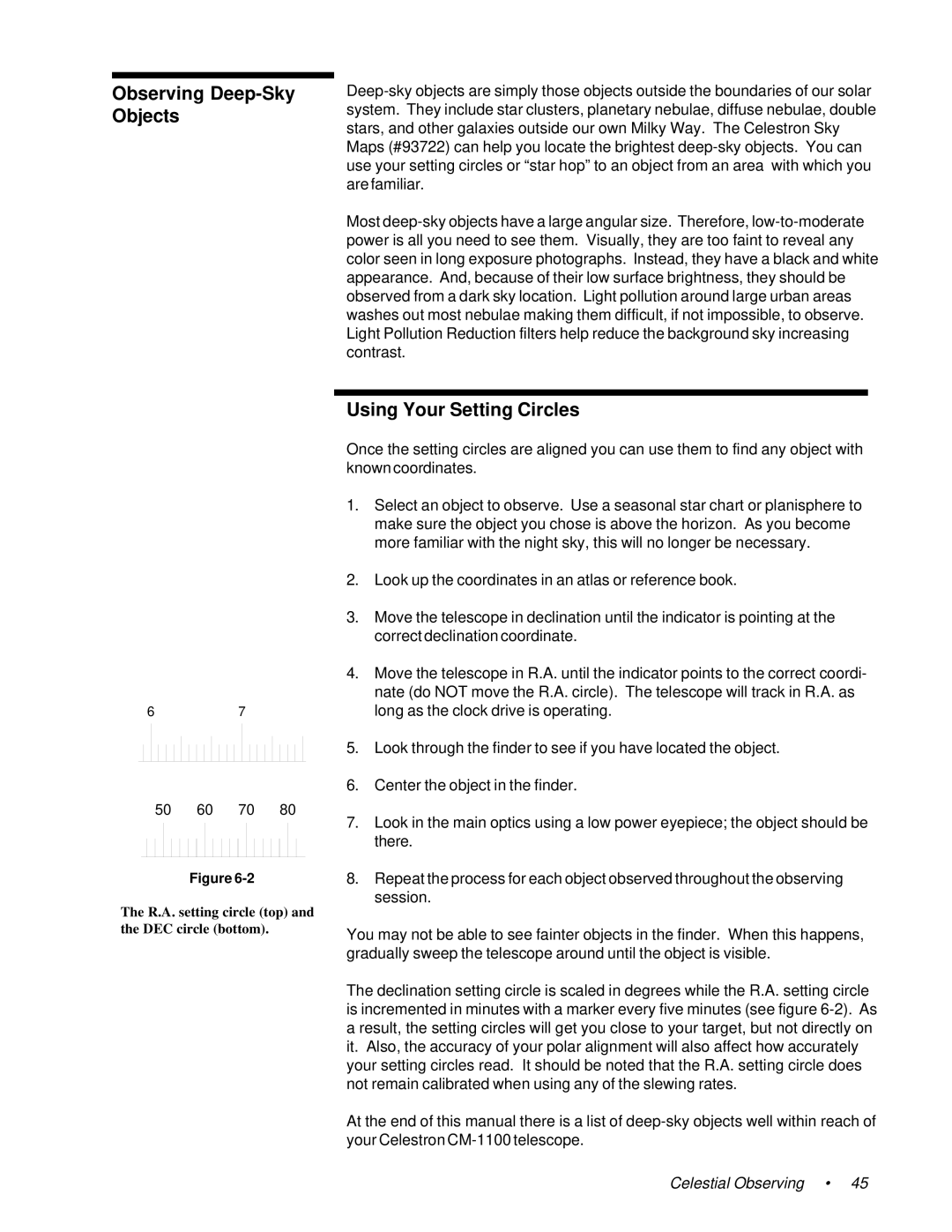 Celestron 11055, 91525, 11065 instruction manual Observing Deep-Sky Objects, Using Your Setting Circles 