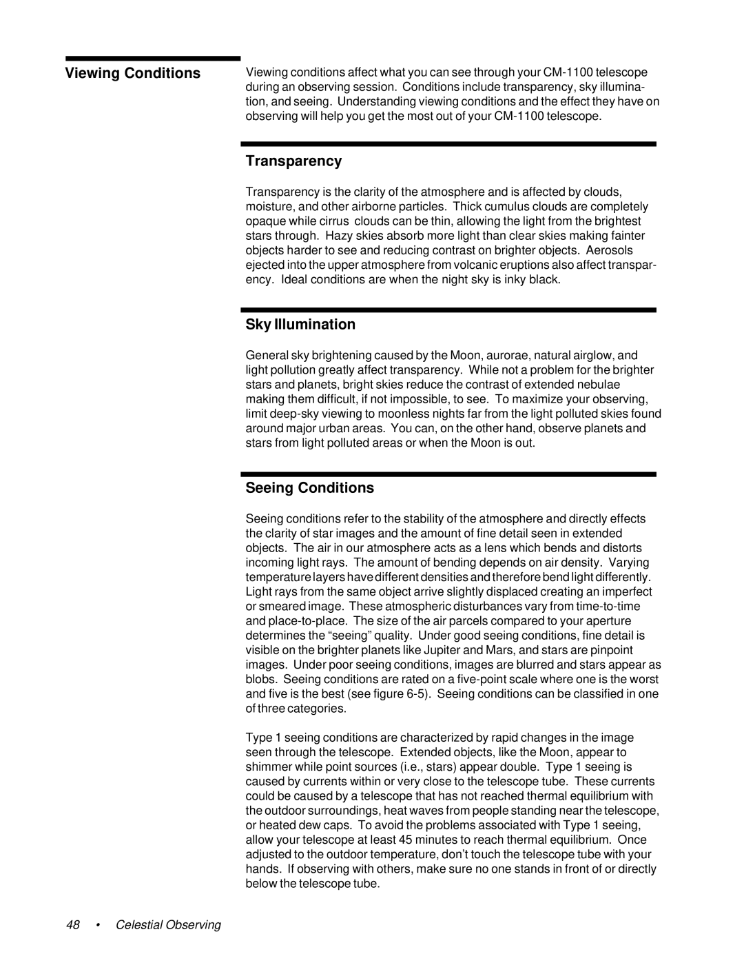 Celestron 11055, 91525, 11065 instruction manual Viewing Conditions, Transparency, Sky Illumination, Seeing Conditions 