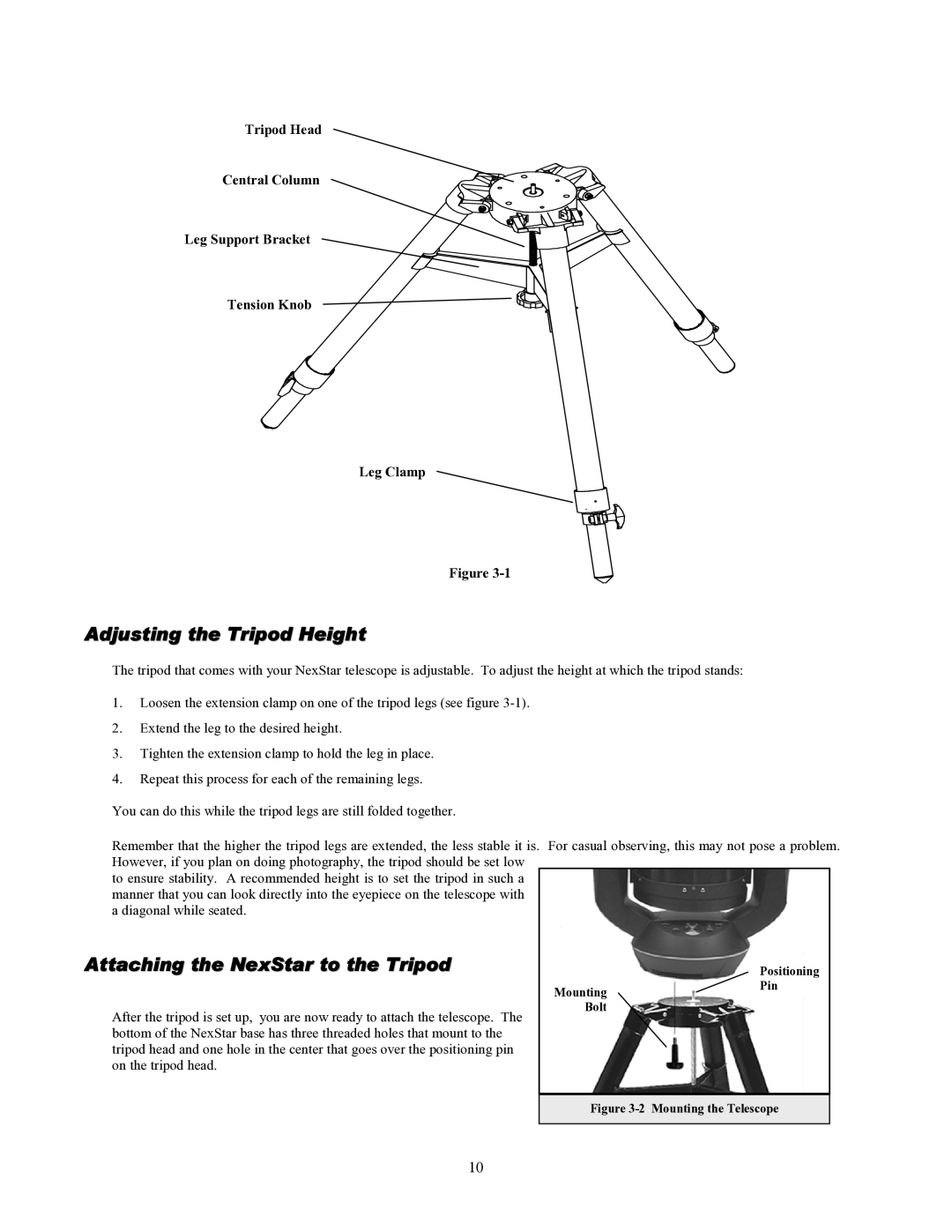 Celestron 93507 manual Adjusting the Tripod Height, Attaching the NexStar to the Tripod 