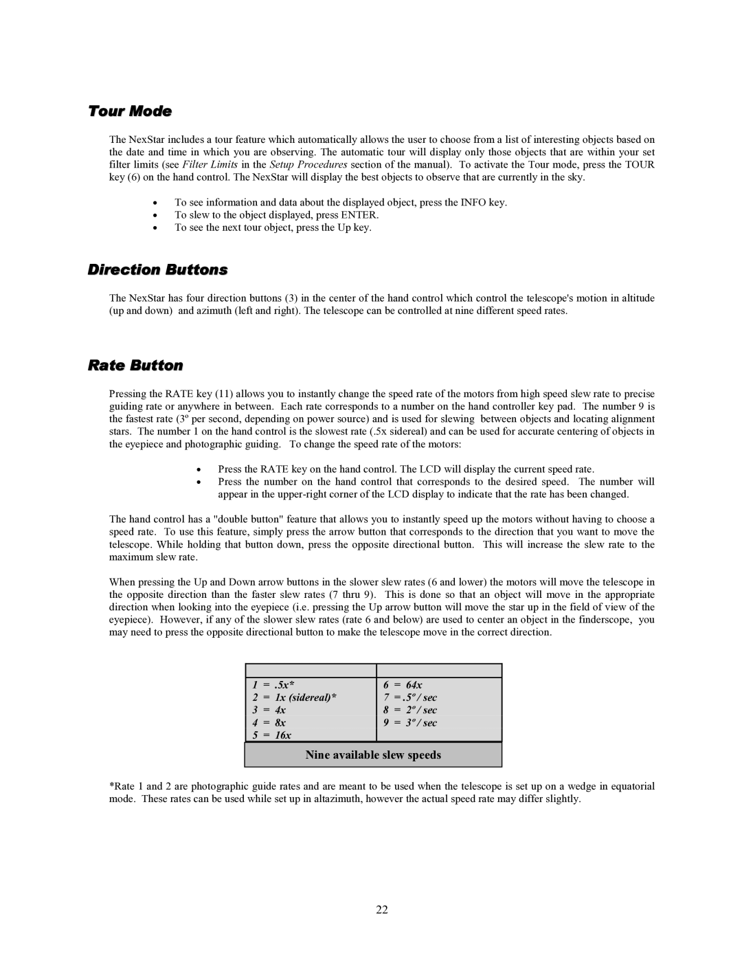 Celestron 93507 manual Tour Mode, Direction Buttons, Rate Button 