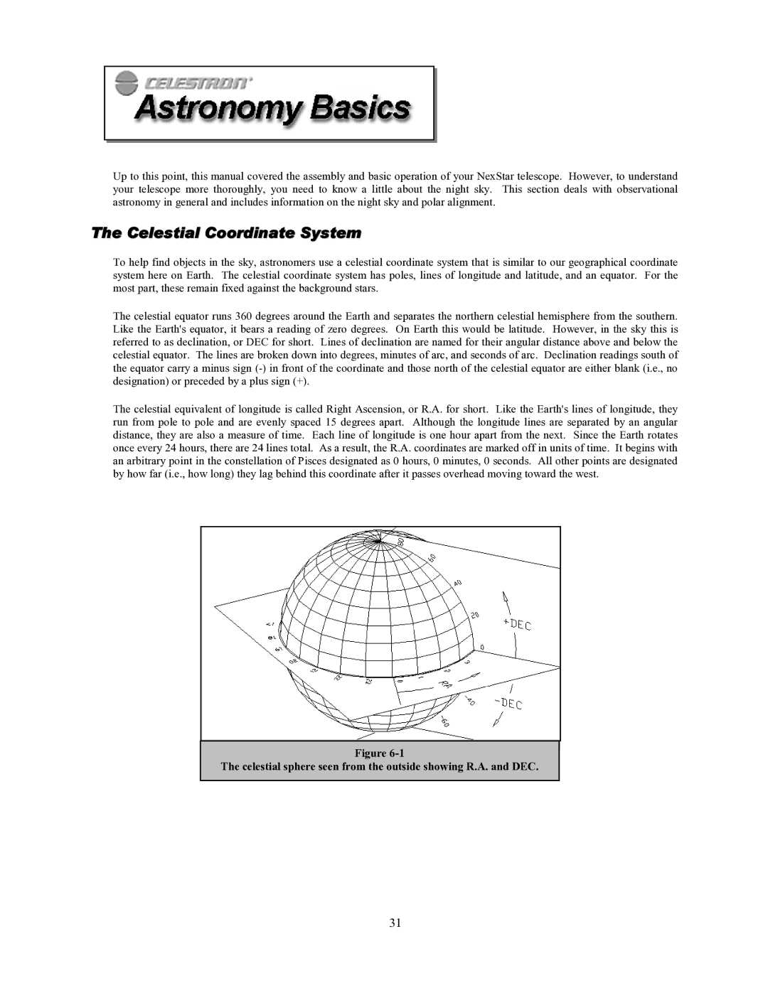 Celestron 93507 manual Celestial Coordinate System, Celestial sphere seen from the outside showing R.A. and DEC 