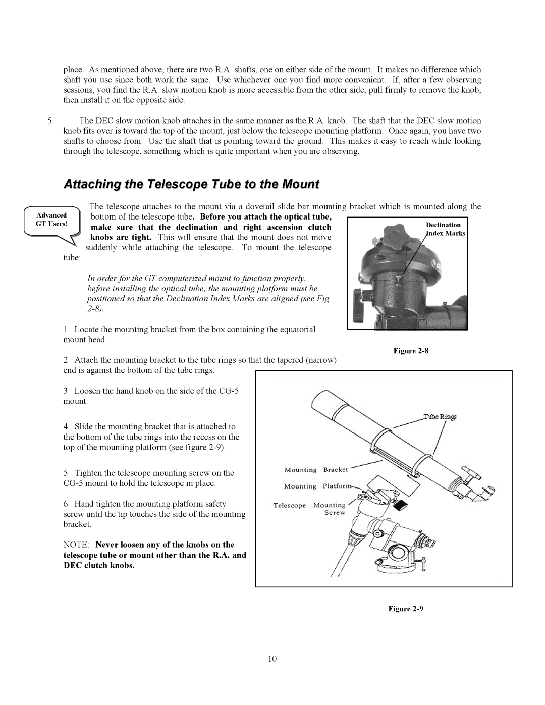 Celestron C6-RGT, Advanced Series GT manual Attaching the Telescope Tube to the Mount 